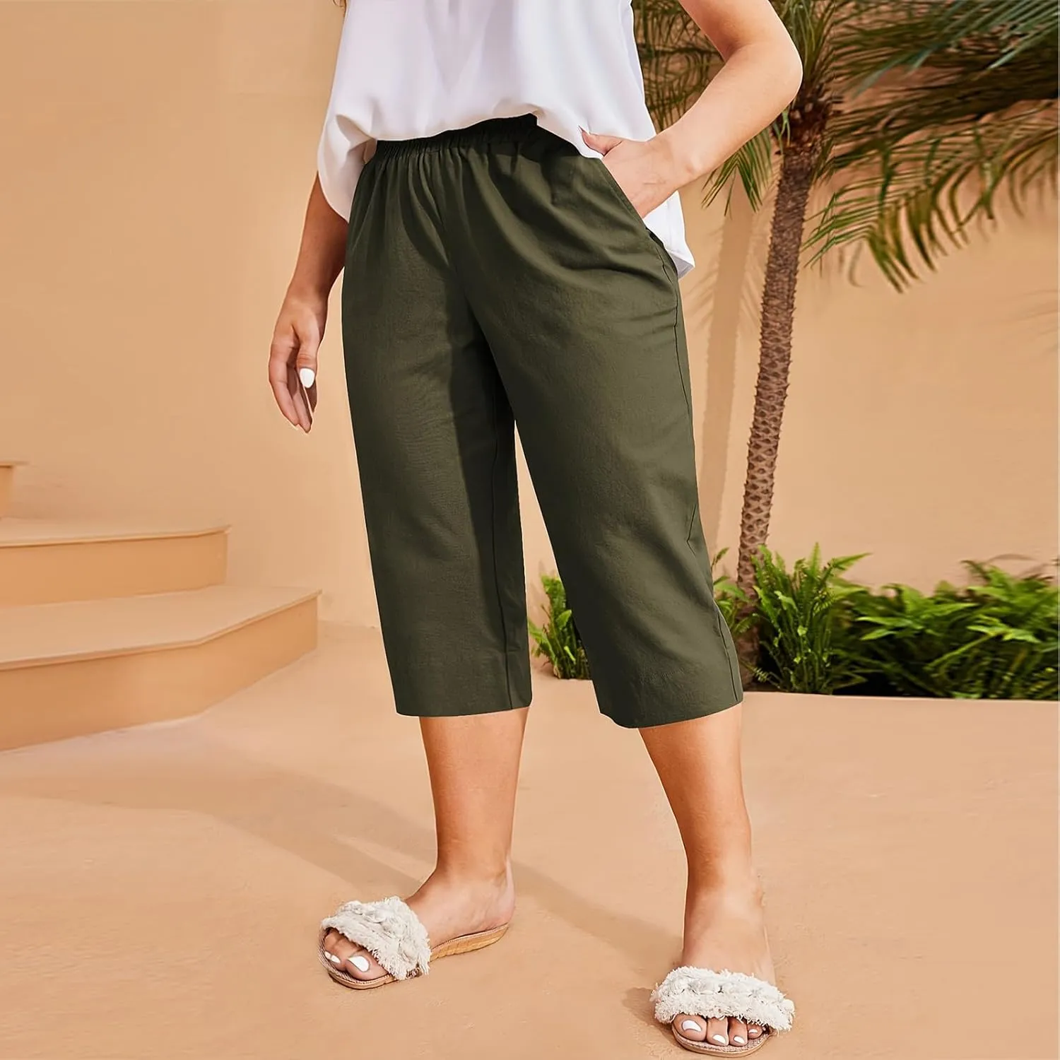 High Waisted Cotton Linen Capri Pants Women - Plus Size High Rise Breathable Trousers with Pocket for Summer Beach
