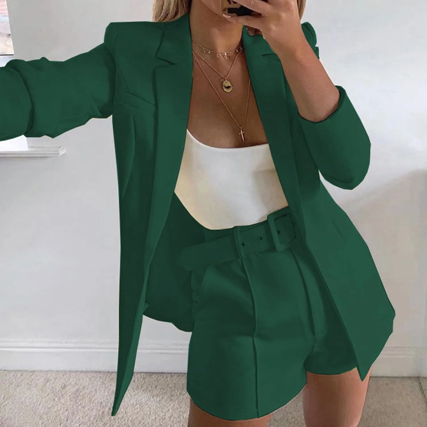 hlysgo 2 Piece Outfits for Women Long Sleeve Solid Open Front Blazer Shorts with Belt Business Casual Elegant Suit Sets