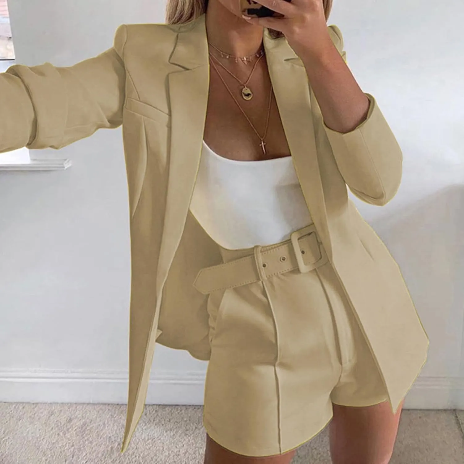 hlysgo 2 Piece Outfits for Women Long Sleeve Solid Open Front Blazer Shorts with Belt Business Casual Elegant Suit Sets