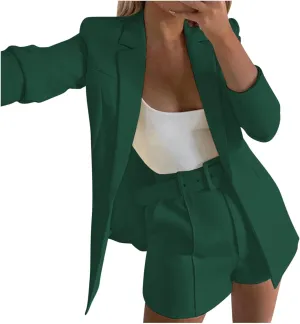 hlysgo 2 Piece Outfits for Women Long Sleeve Solid Open Front Blazer Shorts with Belt Business Casual Elegant Suit Sets