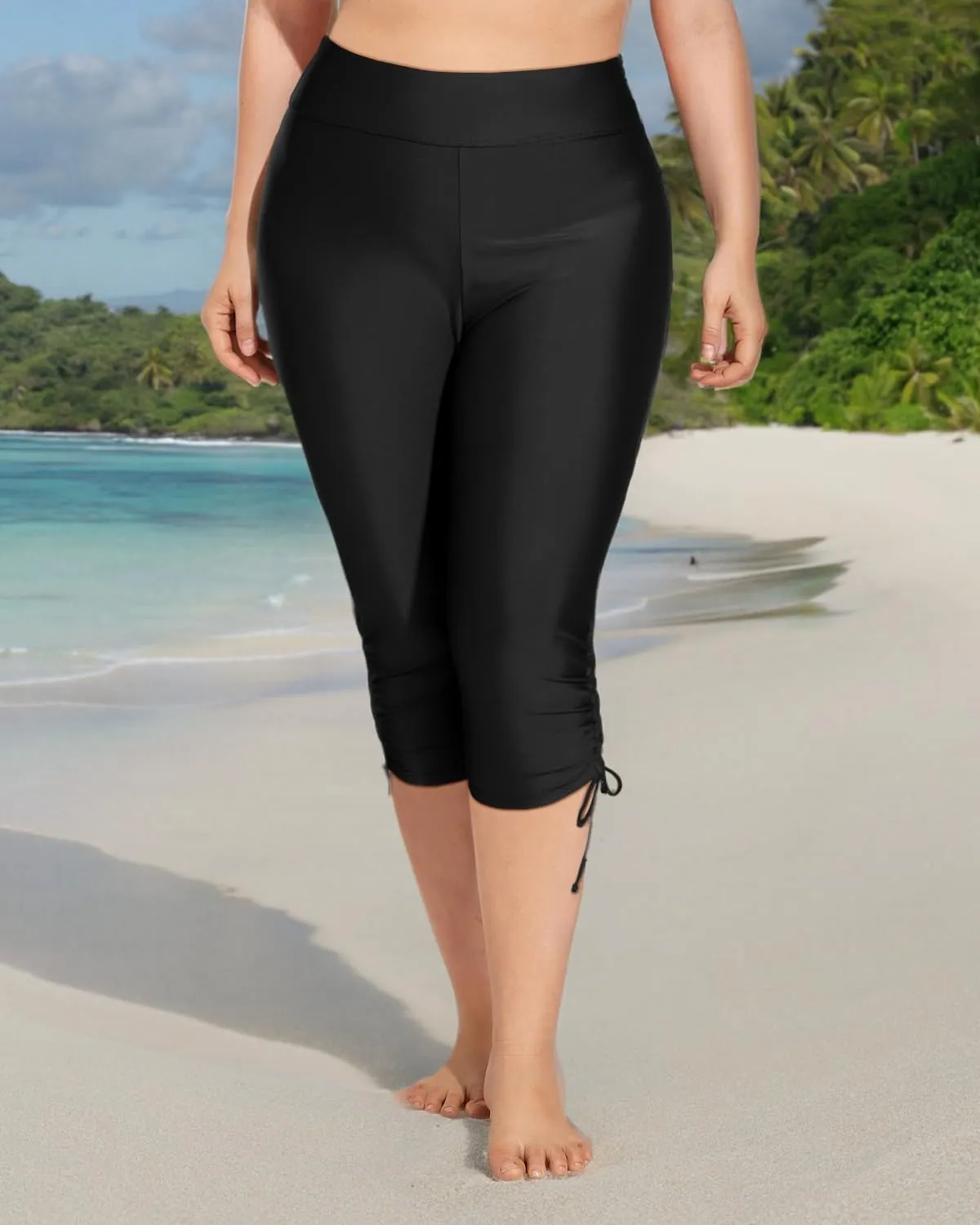 Holipick Womens Plus Size Swim Capris High Waisted Swim Pants Drawstring UPF50  Long Swim Shorts