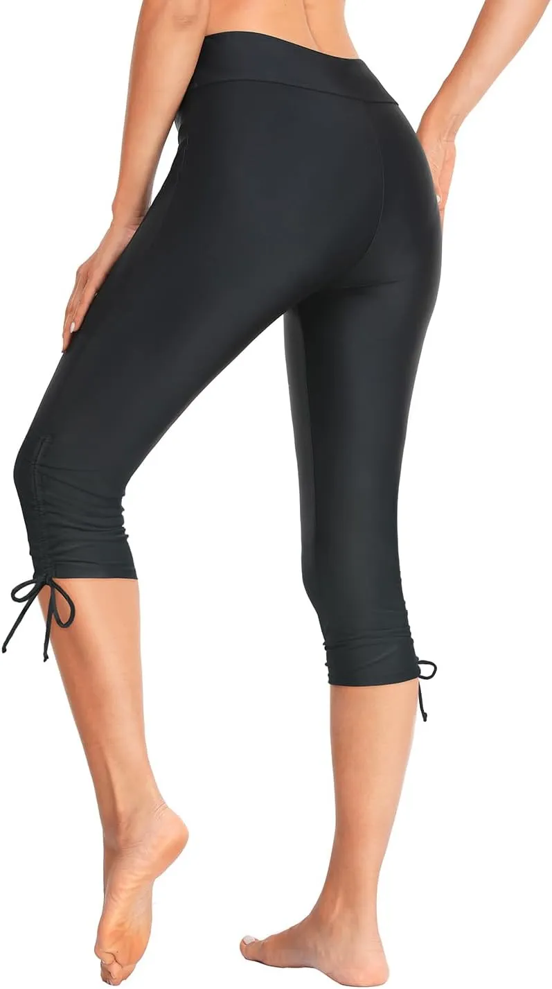 Holipick Womens Plus Size Swim Capris High Waisted Swim Pants Drawstring UPF50  Long Swim Shorts