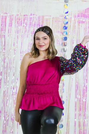 Hooked On You Magenta One Shoulder Sparkly Top