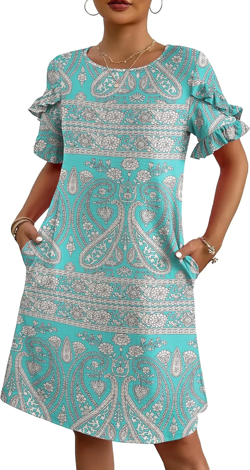 HOTOUCH Womens Summer Dress 2025 Short Sleeve A-Line Mini Crew Neck Shift Dress with Pockets