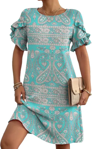 HOTOUCH Womens Summer Dress 2025 Short Sleeve A-Line Mini Crew Neck Shift Dress with Pockets