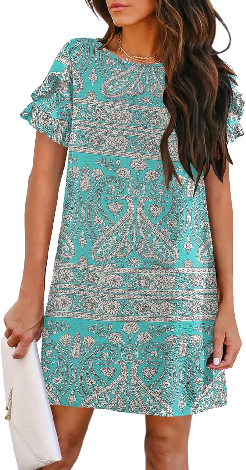 HOTOUCH Womens Summer Dress 2025 Short Sleeve A-Line Mini Crew Neck Shift Dress with Pockets