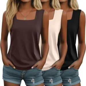 Huukeay 3 Pack Summer Women's Tank Tops Cotton Sleeveless Shirt Loose Fit Square Neck Tank Top with Side Slits