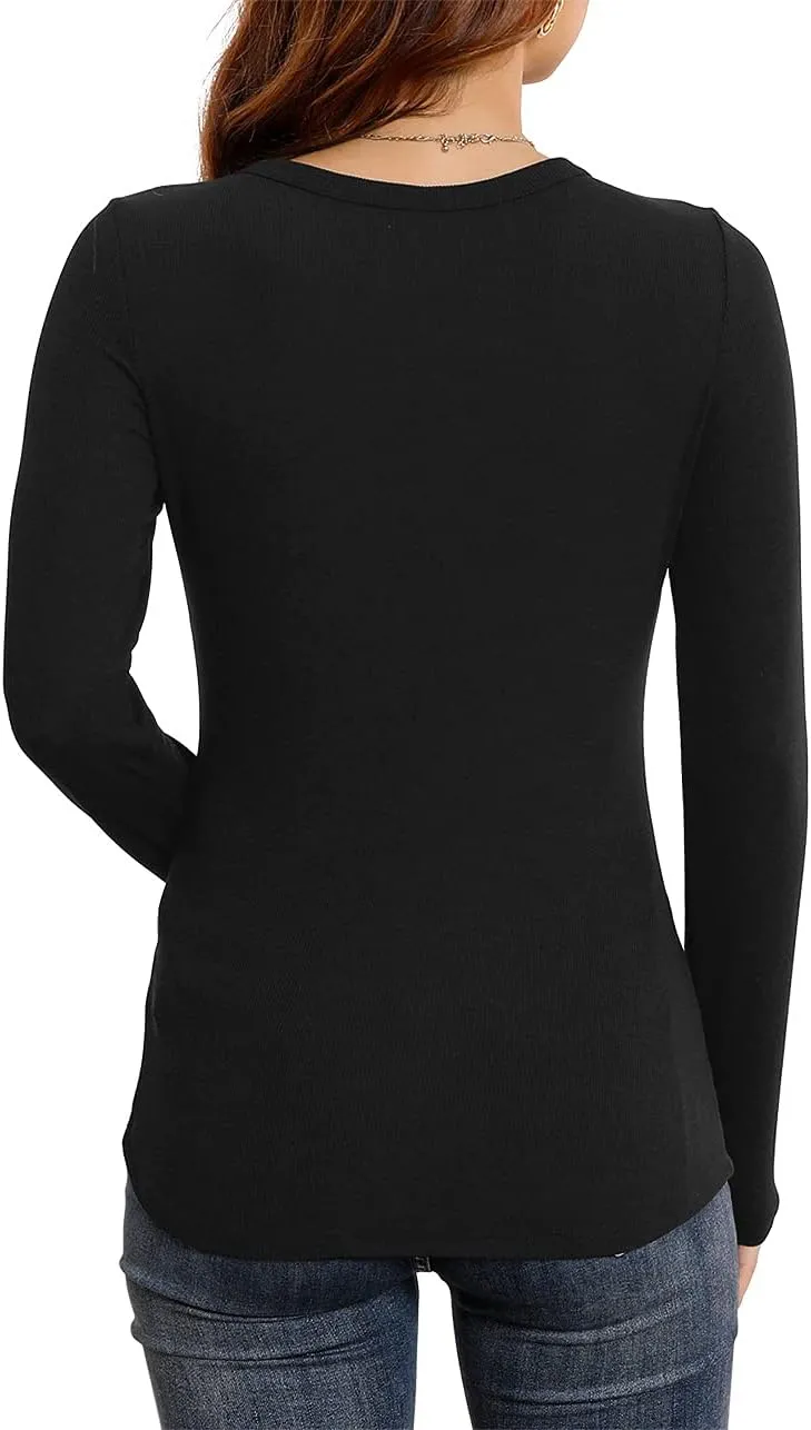 HWOKEFEIYU Womens Fall Long Sleeve Stretch Slim Round Neck Ribbed Basic Shirts