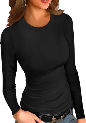 HWOKEFEIYU Womens Fall Long Sleeve Stretch Slim Round Neck Ribbed Basic Shirts