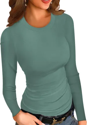 HWOKEFEIYU Womens Fall Long Sleeve Stretch Slim Round Neck Ribbed Basic Shirts