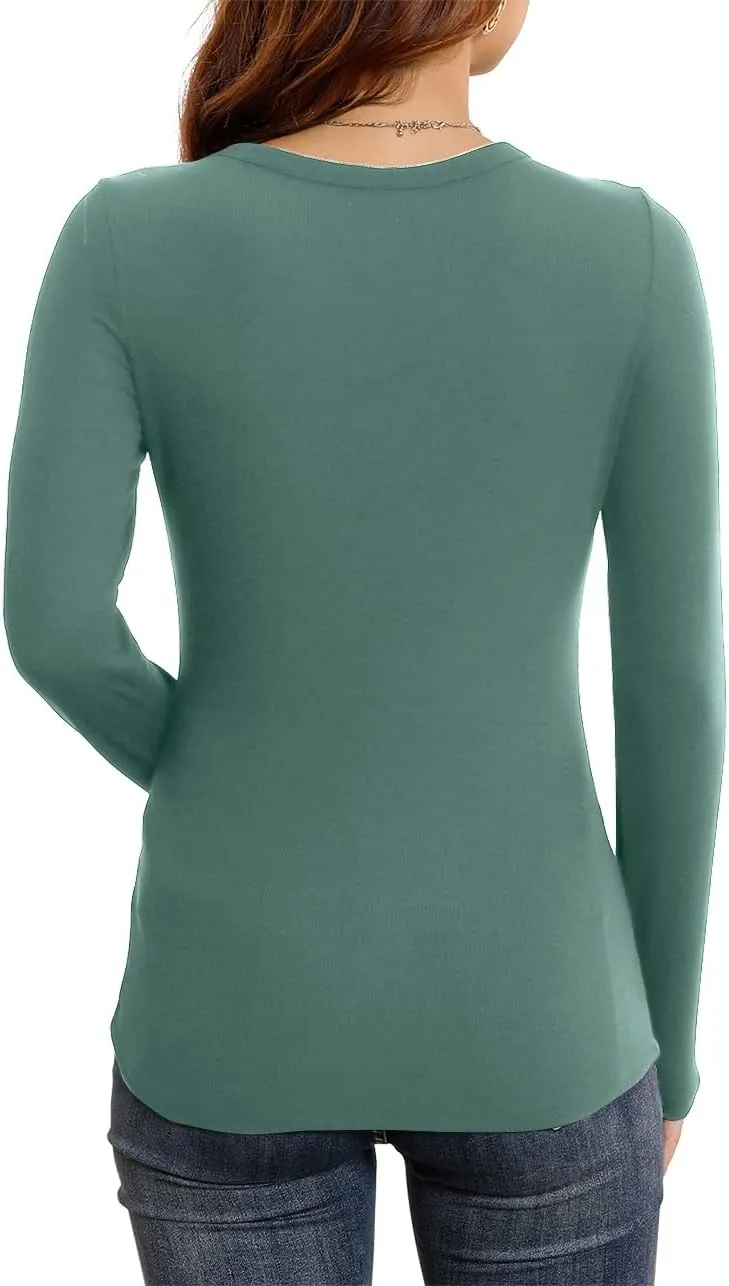 HWOKEFEIYU Womens Fall Long Sleeve Stretch Slim Round Neck Ribbed Basic Shirts