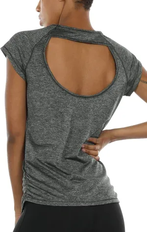 icyzone Workout Running Shirts for Women - Fitness Gym Yoga Exercise Short Sleeve T Shirts Open Back Tops