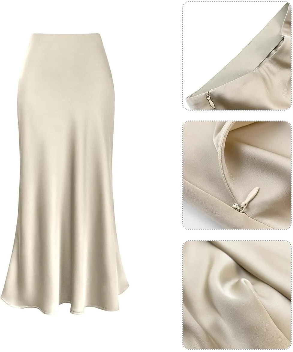 IDOPIP Women High Waist Satin Skirt Elegant Summer Long Maxi Skirt Formal Trendy Ruffle Work Skirts Elastic Casual Midi Skirt