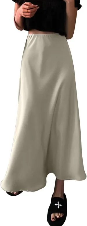 IDOPIP Women High Waist Satin Skirt Elegant Summer Long Maxi Skirt Formal Trendy Ruffle Work Skirts Elastic Casual Midi Skirt
