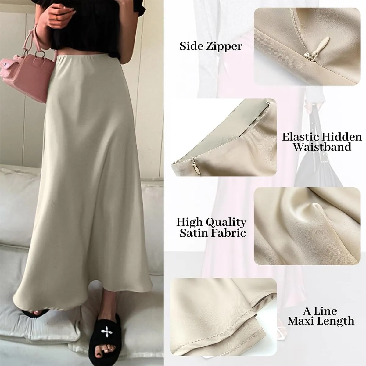 IDOPIP Women High Waist Satin Skirt Elegant Summer Long Maxi Skirt Formal Trendy Ruffle Work Skirts Elastic Casual Midi Skirt