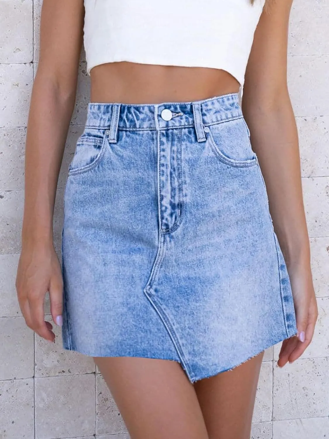 imesrun Womens Mini Denim Skirts Causal High Waisted Cute Asymmetrical Hem Summer Short Jean Skirts with Pockets