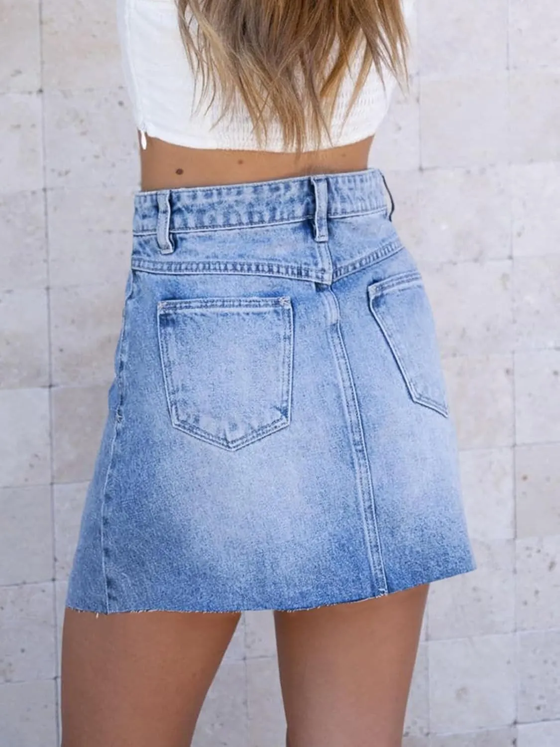 imesrun Womens Mini Denim Skirts Causal High Waisted Cute Asymmetrical Hem Summer Short Jean Skirts with Pockets
