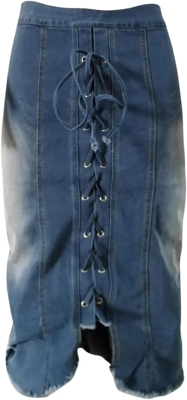 Jean Skirt for Women Slim Fit Lace Up Front Bodycon Denim Skirt Summer Solid Color Casual Loose Jean Midi Skirts