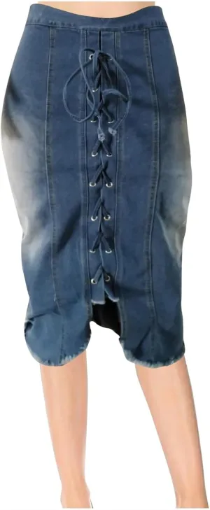 Jean Skirt for Women Slim Fit Lace Up Front Bodycon Denim Skirt Summer Solid Color Casual Loose Jean Midi Skirts