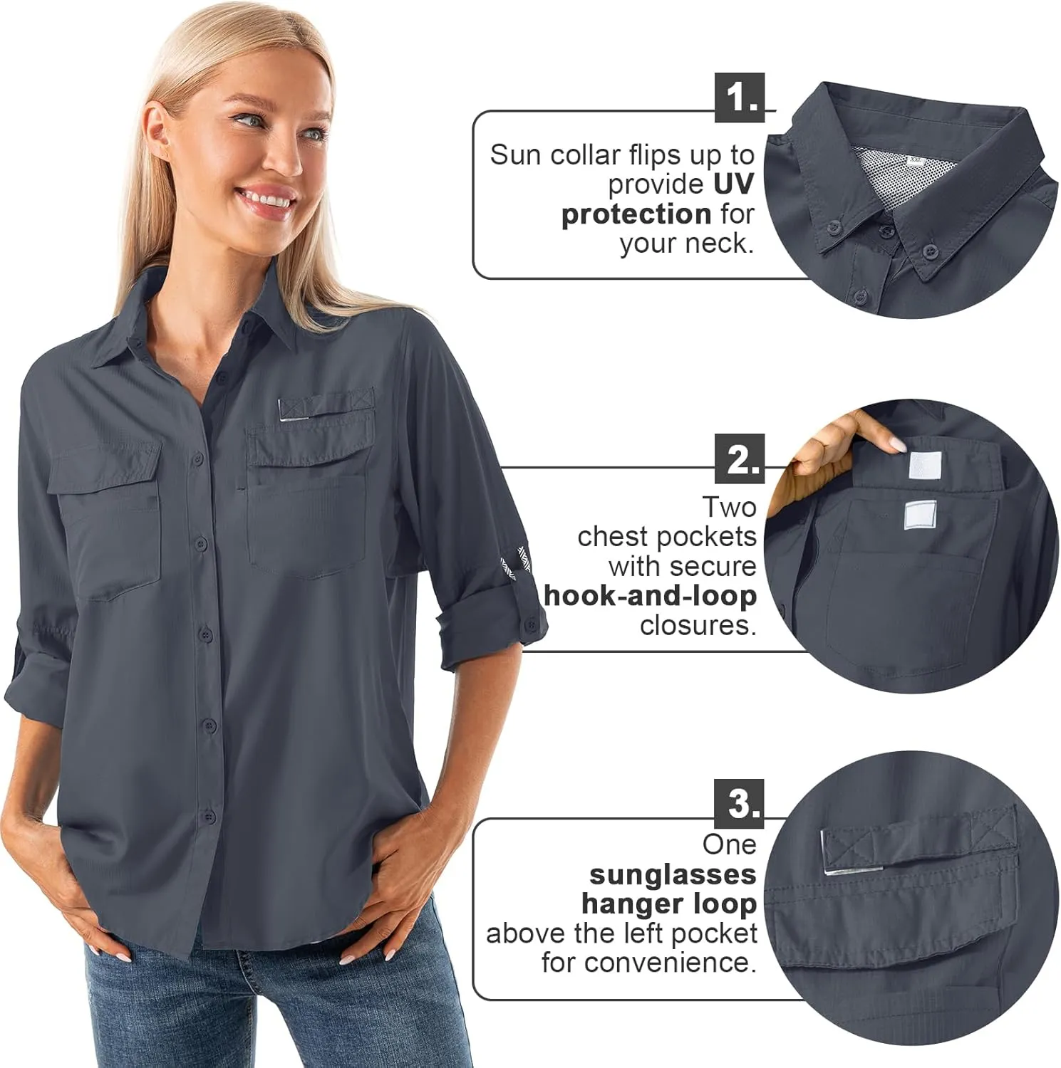 Jessie Kidden Women's Quick Dry Sun UV Protection Convertible Long Sleeve Shirts for Hiking Camping Fishing Sailing