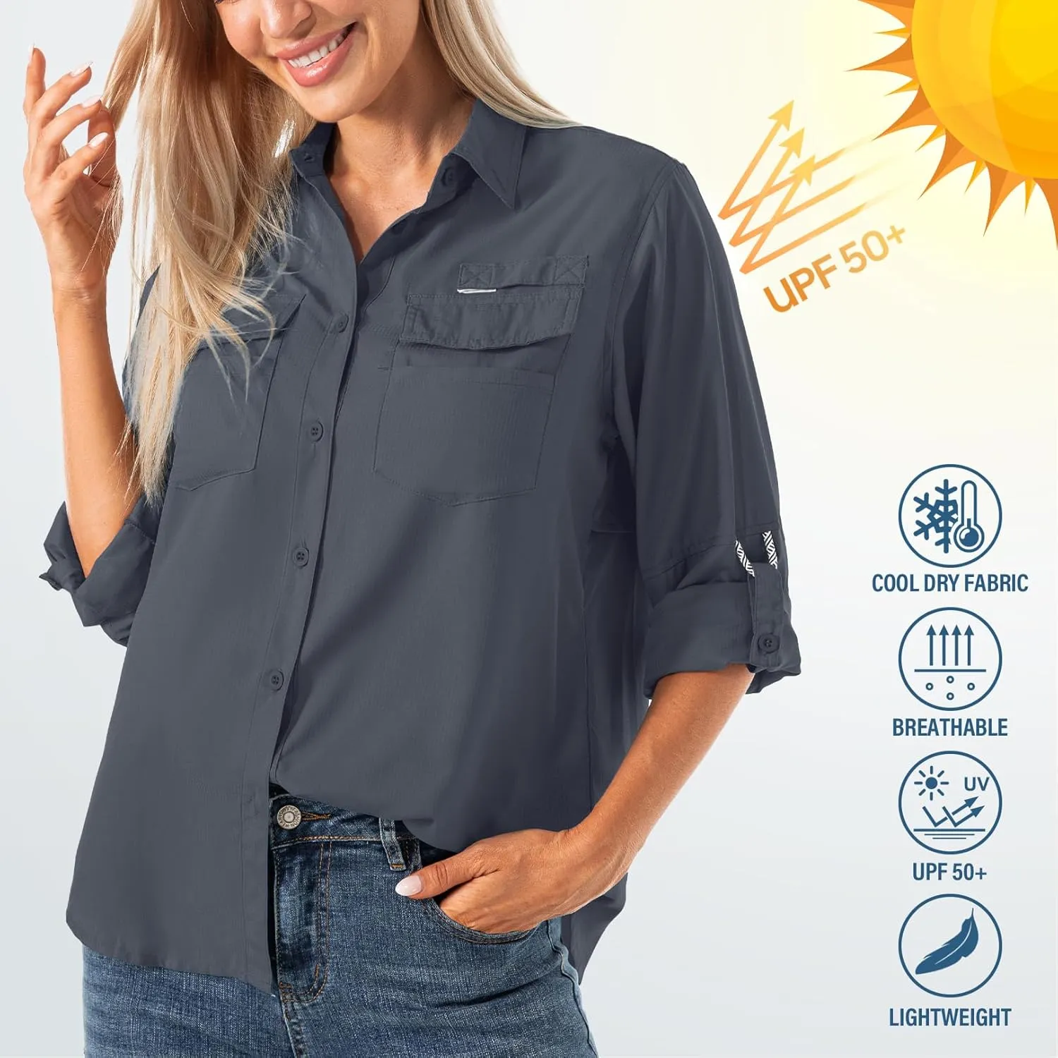 Jessie Kidden Women's Quick Dry Sun UV Protection Convertible Long Sleeve Shirts for Hiking Camping Fishing Sailing
