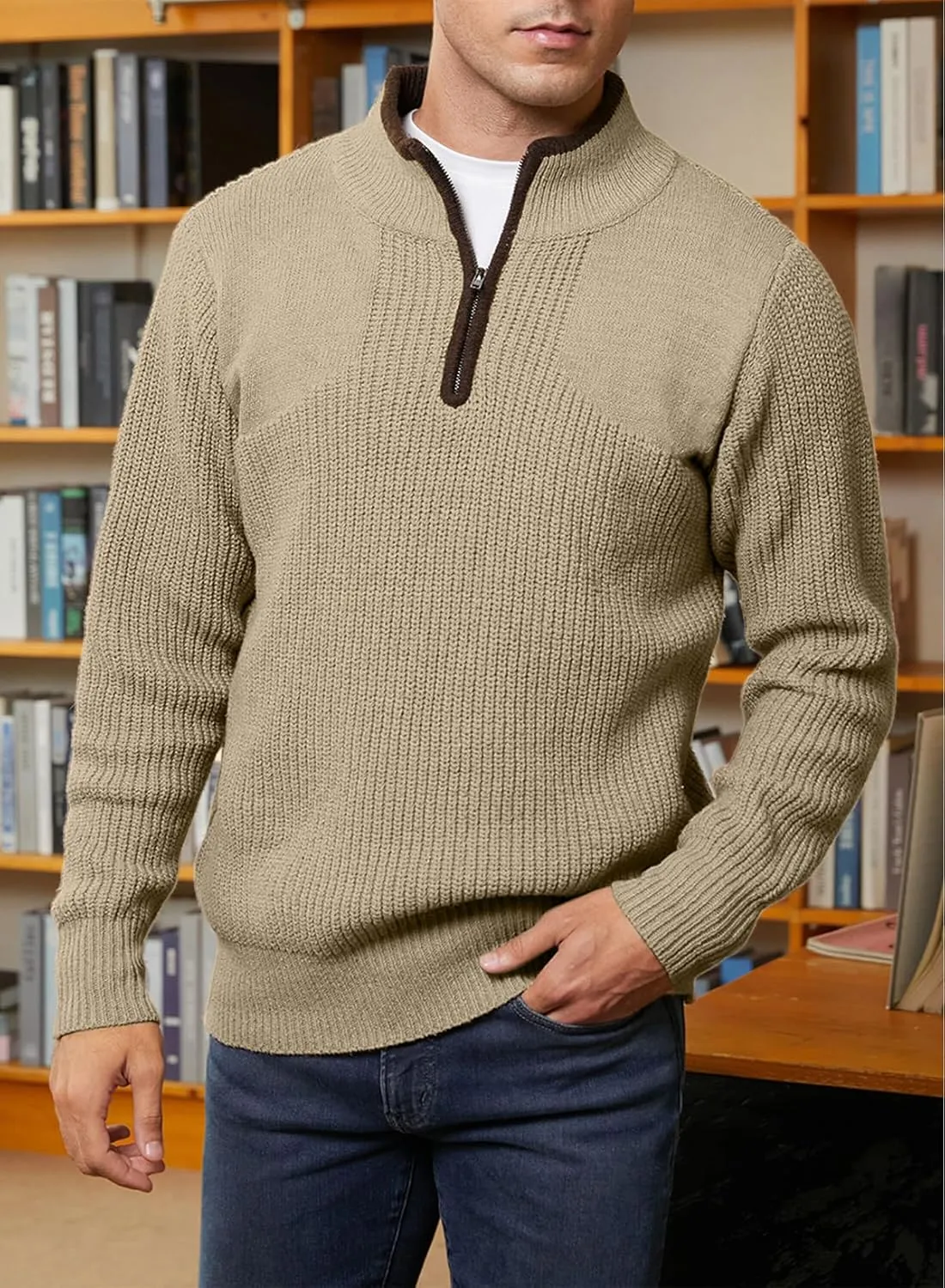 JMIERR Mens Quarter Zip Sweater Lightweight Mock Neck Casual Long Sleeve Knitted Solid Pullover Sweaters