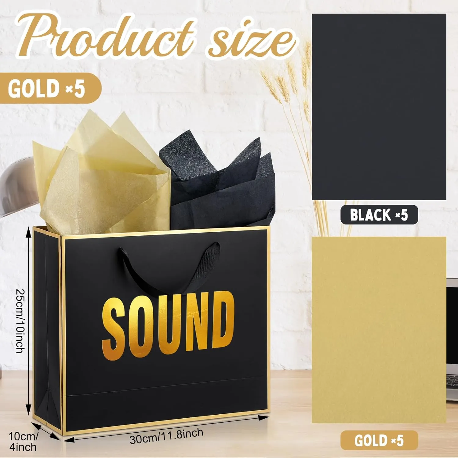 Kolldenn 5 Senses Gift Bags for Him Her Five Senses Gift Bag with Ribbon Handles and Tissue Paper Present Wrappings for Valentine Wedding Birthday Mothers Day(Black,11.8 x 10 x 4 Inch)