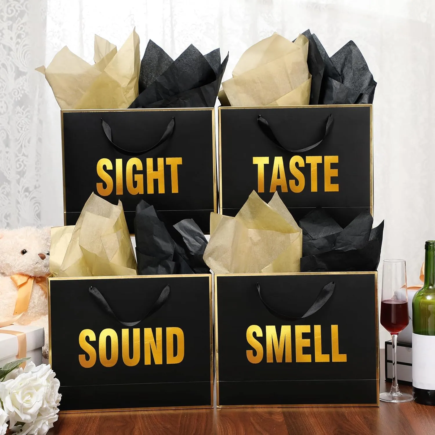 Kolldenn 5 Senses Gift Bags for Him Her Five Senses Gift Bag with Ribbon Handles and Tissue Paper Present Wrappings for Valentine Wedding Birthday Mothers Day(Black,11.8 x 10 x 4 Inch)