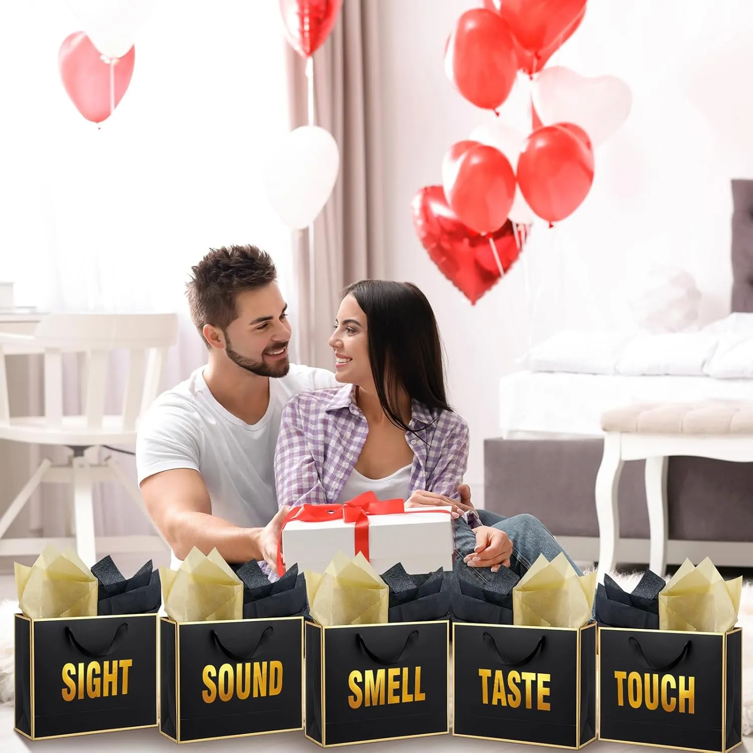 Kolldenn 5 Senses Gift Bags for Him Her Five Senses Gift Bag with Ribbon Handles and Tissue Paper Present Wrappings for Valentine Wedding Birthday Mothers Day(Black,11.8 x 10 x 4 Inch)