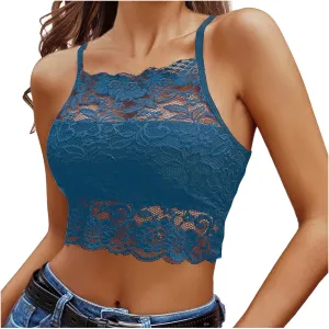 Lace High Neck Womens Tank Tops Solid Color Sheer Adjustable Spaghetti Strap Crop Tops 2025 Summer Camisole Shirt