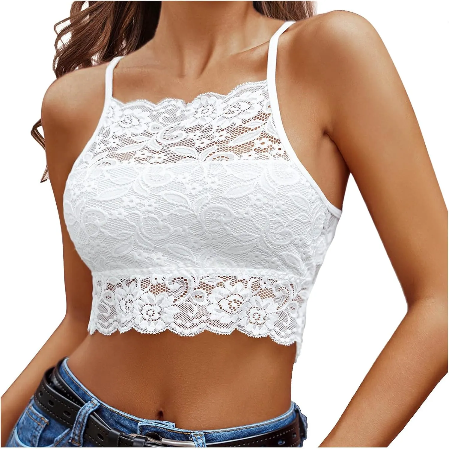 Lace High Neck Womens Tank Tops Solid Color Sheer Adjustable Spaghetti Strap Crop Tops 2025 Summer Camisole Shirt