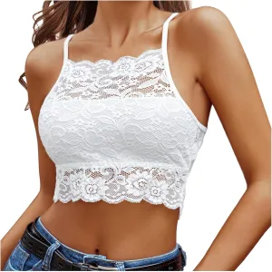 Lace High Neck Womens Tank Tops Solid Color Sheer Adjustable Spaghetti Strap Crop Tops 2025 Summer Camisole Shirt
