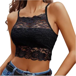 Lace High Neck Womens Tank Tops Solid Color Sheer Adjustable Spaghetti Strap Crop Tops 2025 Summer Camisole Shirt