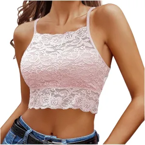 Lace High Neck Womens Tank Tops Solid Color Sheer Adjustable Spaghetti Strap Crop Tops 2025 Summer Camisole Shirt