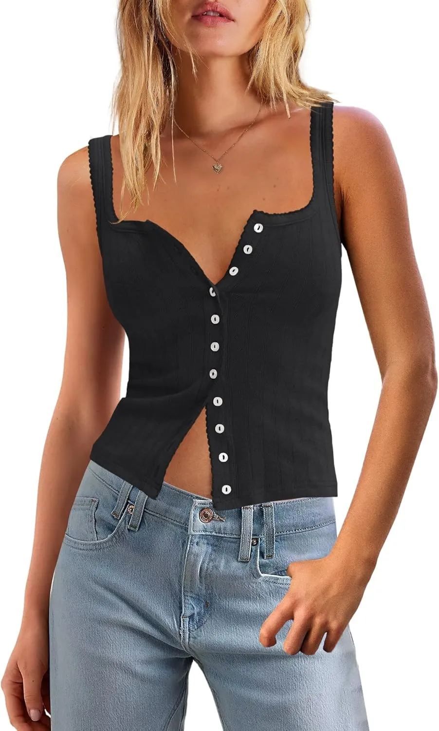 LAMISSCHE Womens Crop Ribbed Tank Tops Summer Sleeveless Square Neck Tops Basic Button Down Going Out Camisole