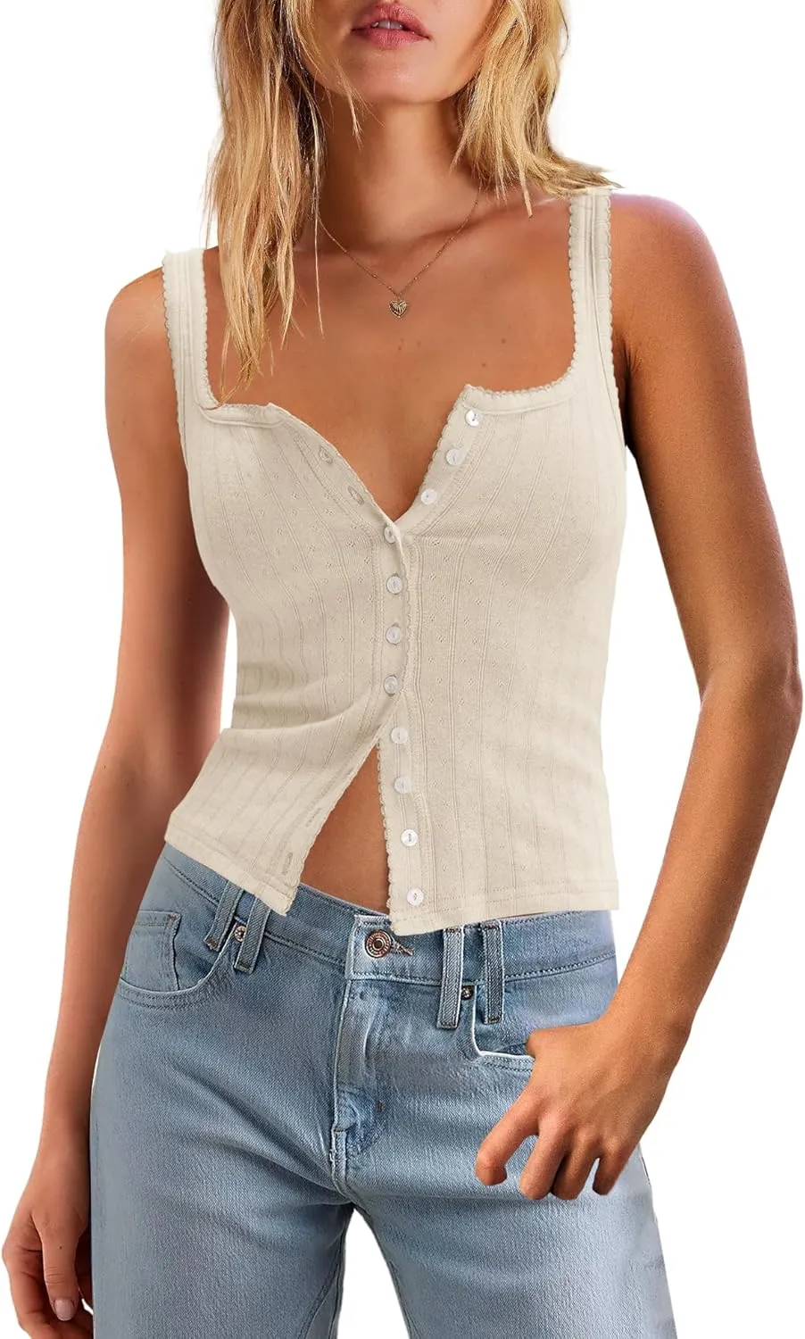 LAMISSCHE Womens Crop Ribbed Tank Tops Summer Sleeveless Square Neck Tops Basic Button Down Going Out Camisole