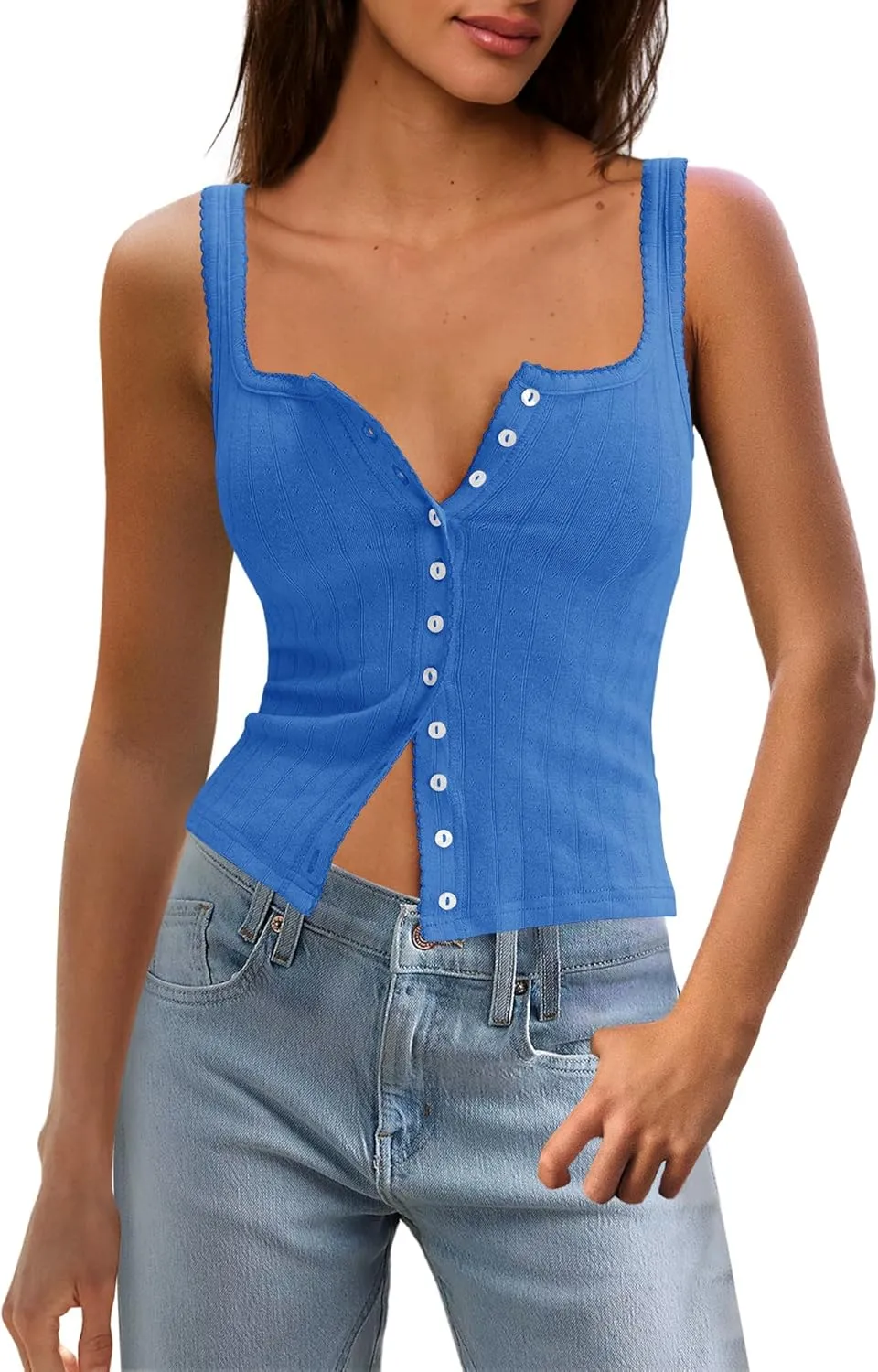 LAMISSCHE Womens Crop Ribbed Tank Tops Summer Sleeveless Square Neck Tops Basic Button Down Going Out Camisole