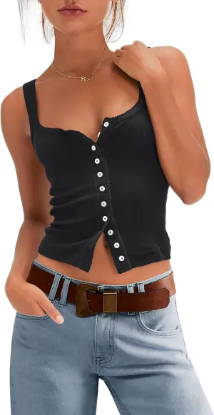 LAMISSCHE Womens Crop Ribbed Tank Tops Summer Sleeveless Square Neck Tops Basic Button Down Going Out Camisole