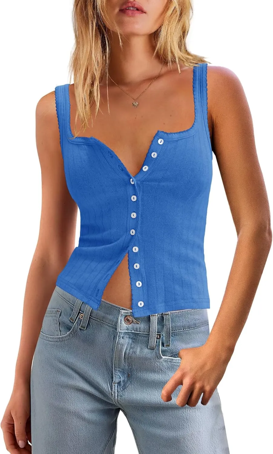 LAMISSCHE Womens Crop Ribbed Tank Tops Summer Sleeveless Square Neck Tops Basic Button Down Going Out Camisole