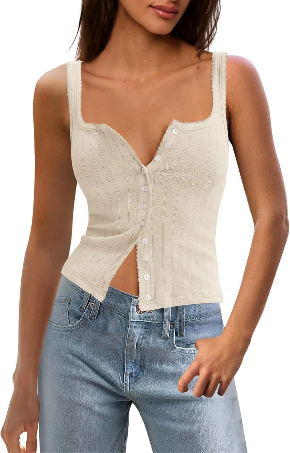 LAMISSCHE Womens Crop Ribbed Tank Tops Summer Sleeveless Square Neck Tops Basic Button Down Going Out Camisole