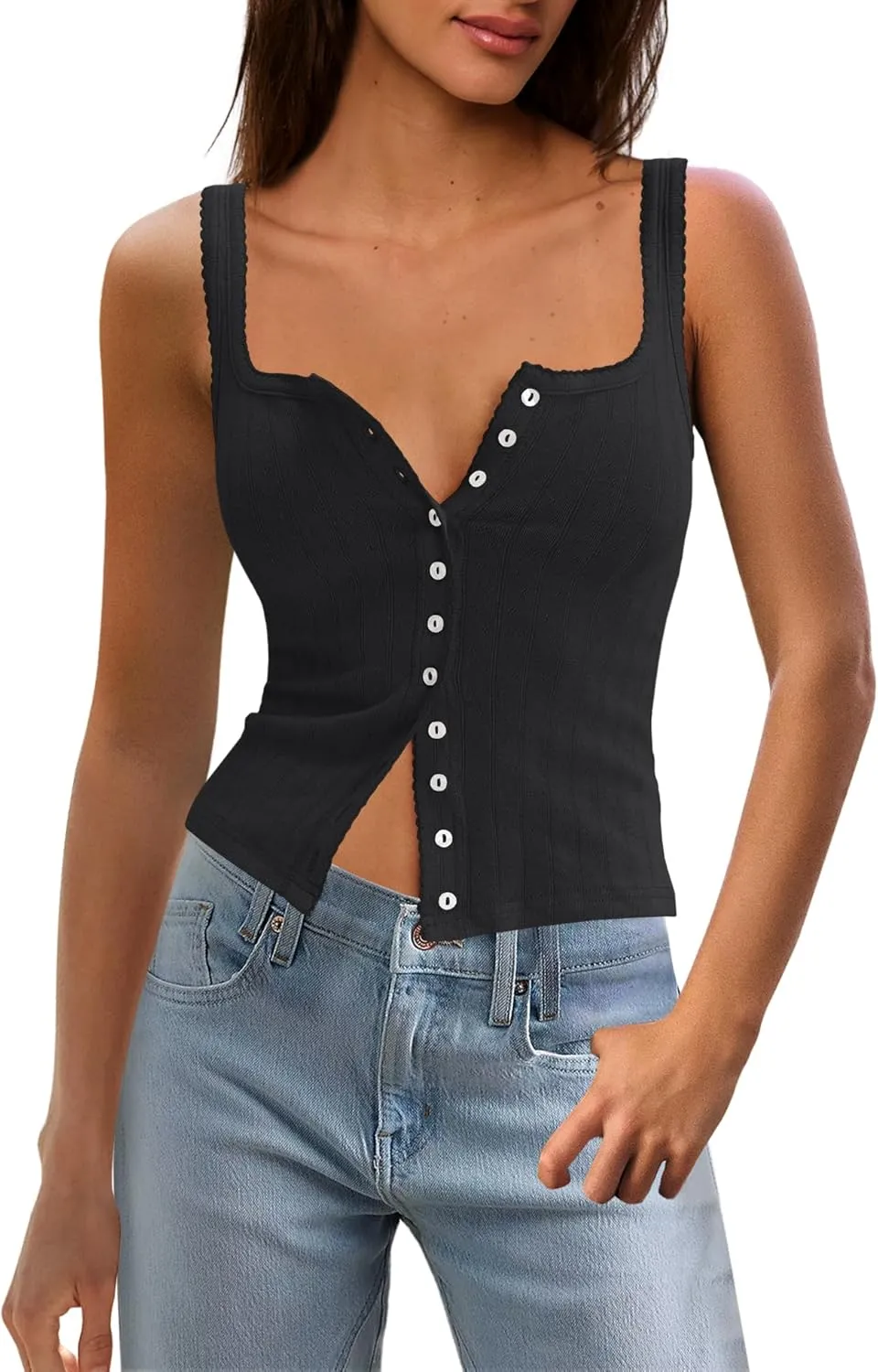 LAMISSCHE Womens Crop Ribbed Tank Tops Summer Sleeveless Square Neck Tops Basic Button Down Going Out Camisole