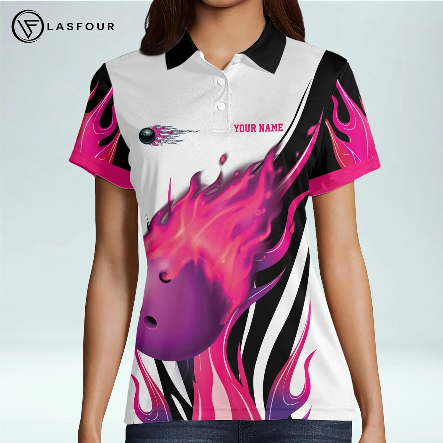 LASFOUR Personalized 3D Bowling Shirts for Women, Custom Quick-Dry Bowling Shirts Short Sleeve Polo for Girls