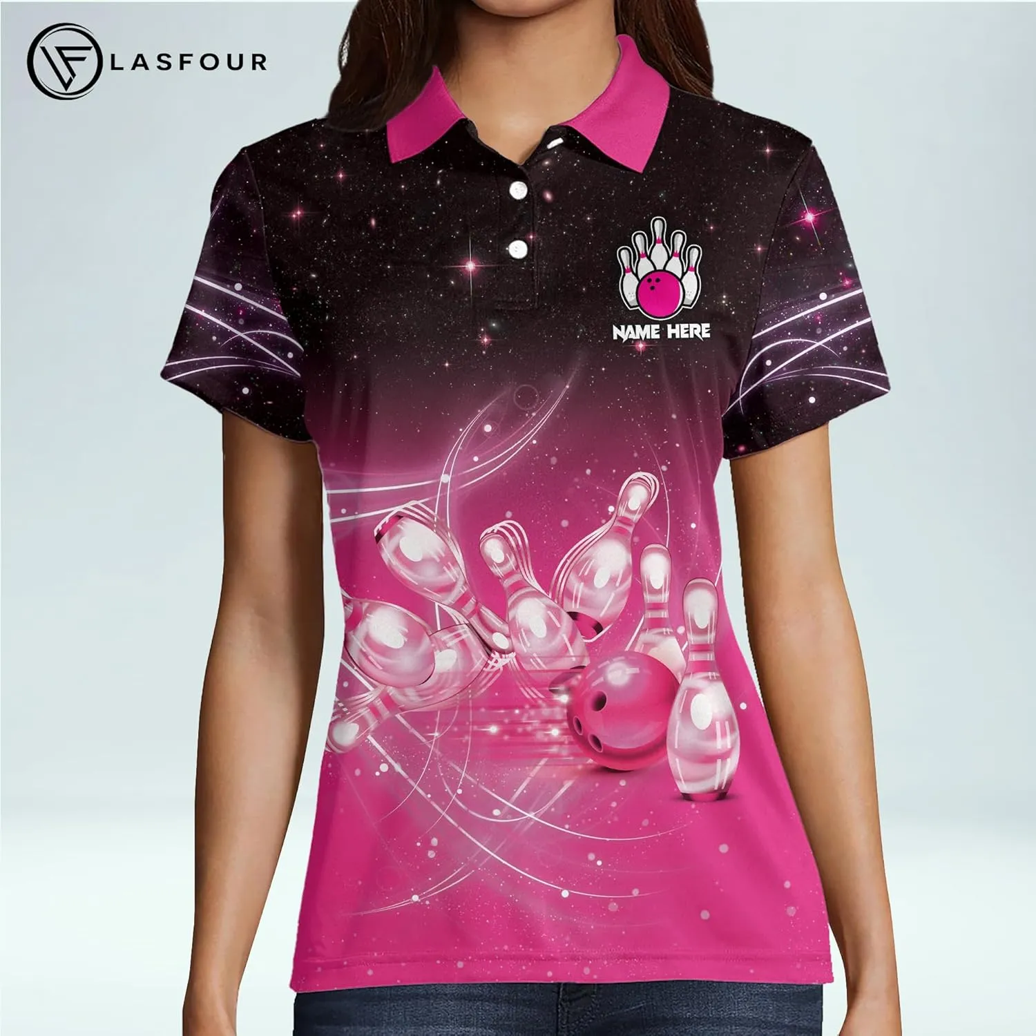 LASFOUR Personalized 3D Bowling Shirts for Women, Custom Quick-Dry Bowling Shirts Short Sleeve Polo for Girls