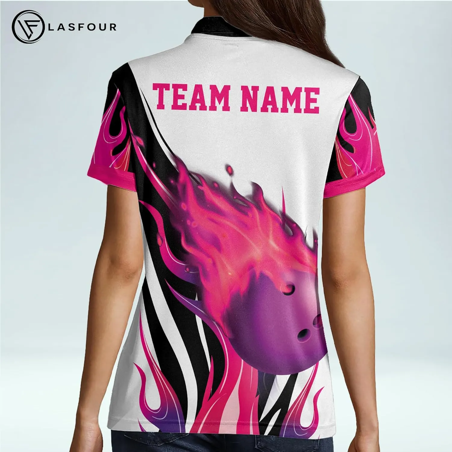 LASFOUR Personalized 3D Bowling Shirts for Women, Custom Quick-Dry Bowling Shirts Short Sleeve Polo for Girls