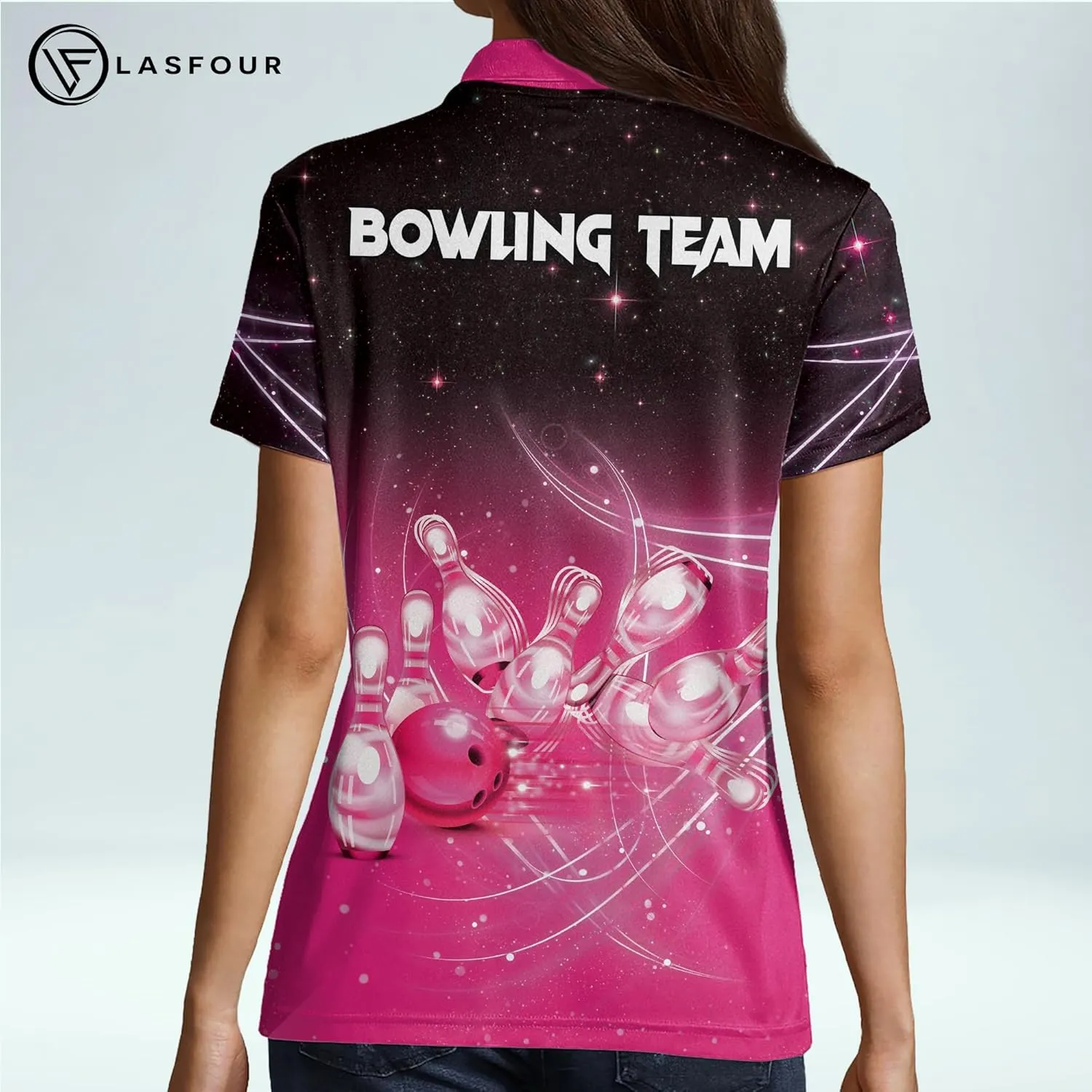 LASFOUR Personalized 3D Bowling Shirts for Women, Custom Quick-Dry Bowling Shirts Short Sleeve Polo for Girls