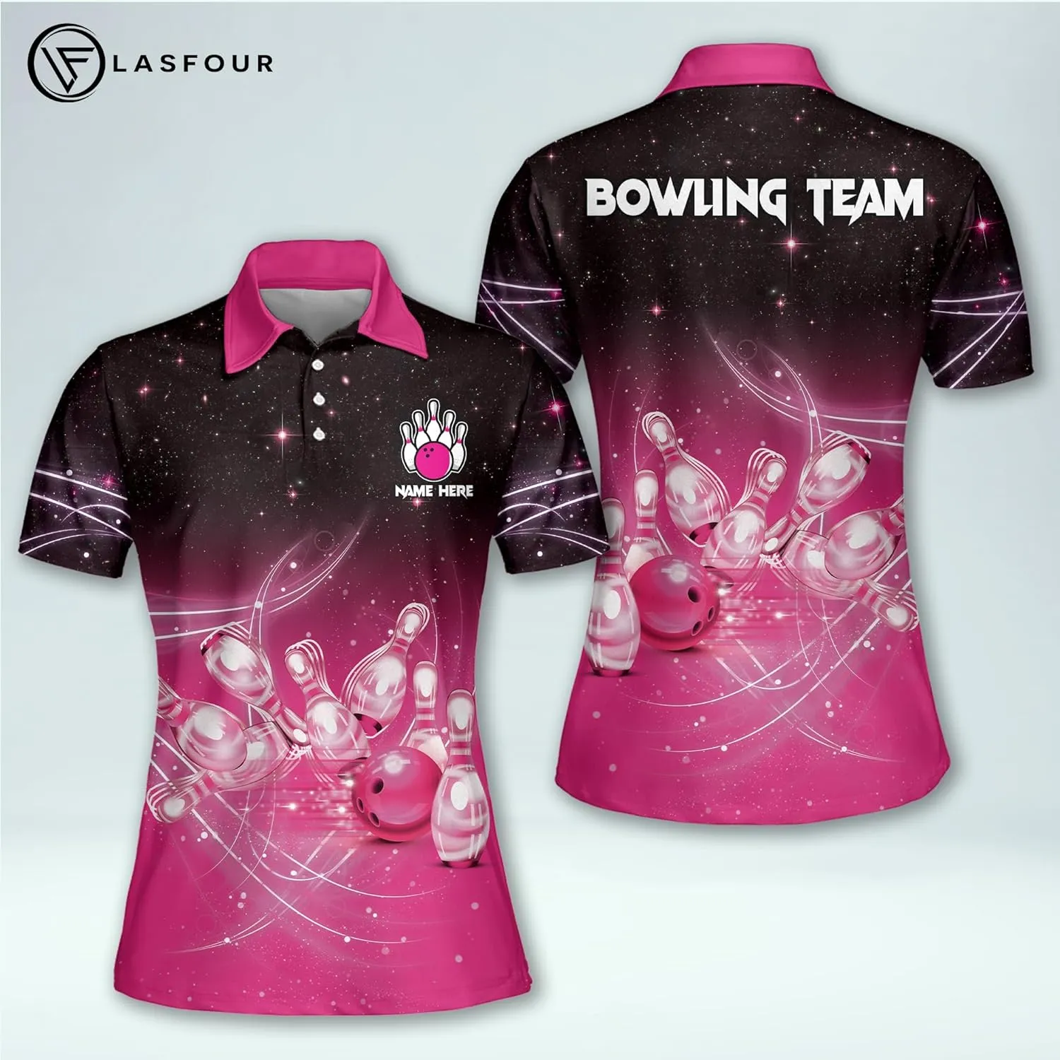 LASFOUR Personalized 3D Bowling Shirts for Women, Custom Quick-Dry Bowling Shirts Short Sleeve Polo for Girls