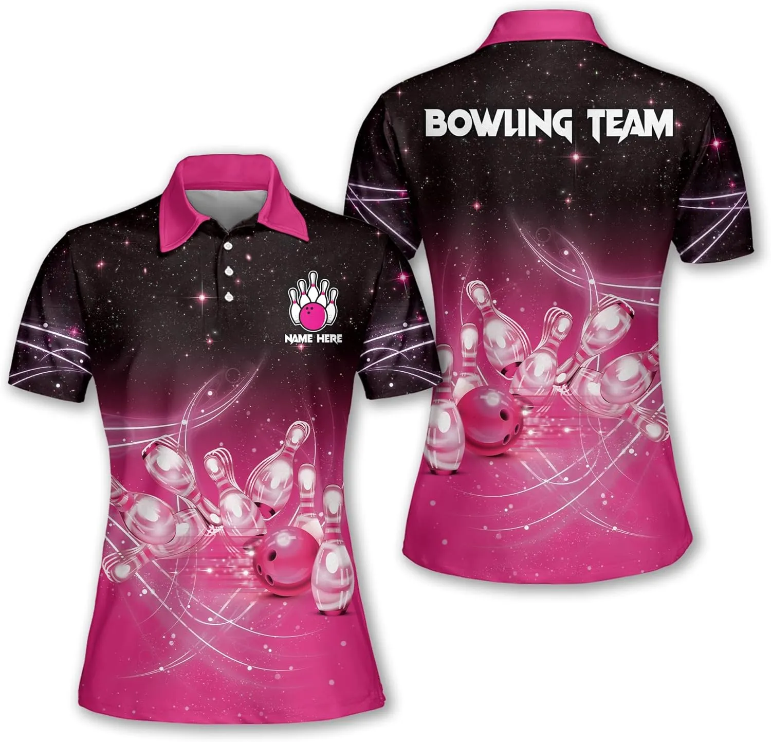 LASFOUR Personalized 3D Bowling Shirts for Women, Custom Quick-Dry Bowling Shirts Short Sleeve Polo for Girls