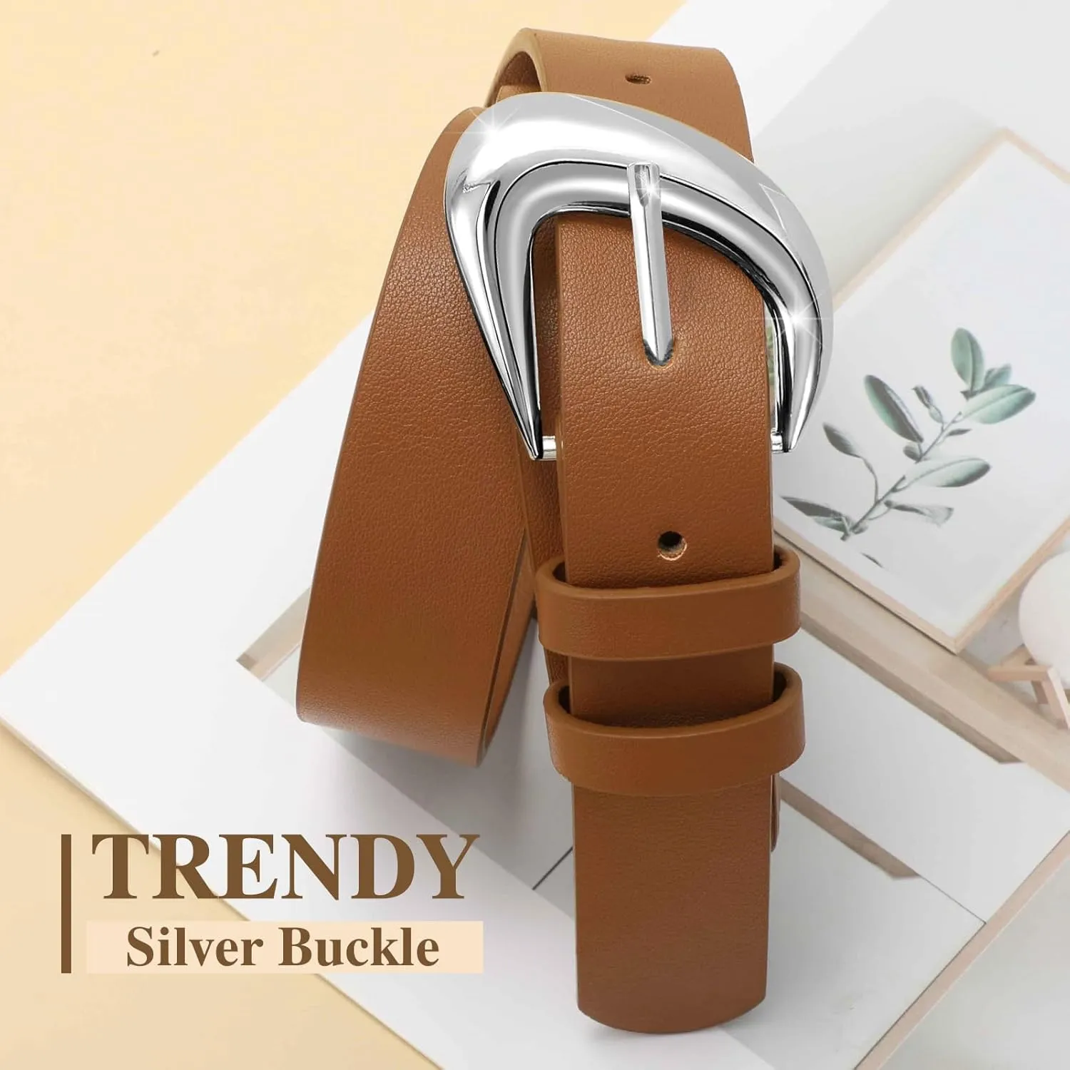 Leather Belt for Women Fashion Ladies Waist Belt with Silver Buckle for Jeans Pants Dress