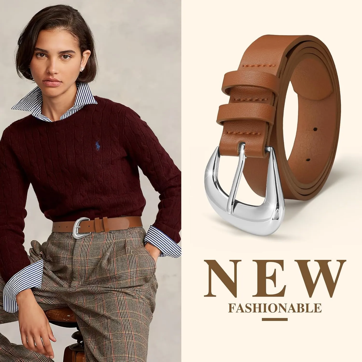 Leather Belt for Women Fashion Ladies Waist Belt with Silver Buckle for Jeans Pants Dress