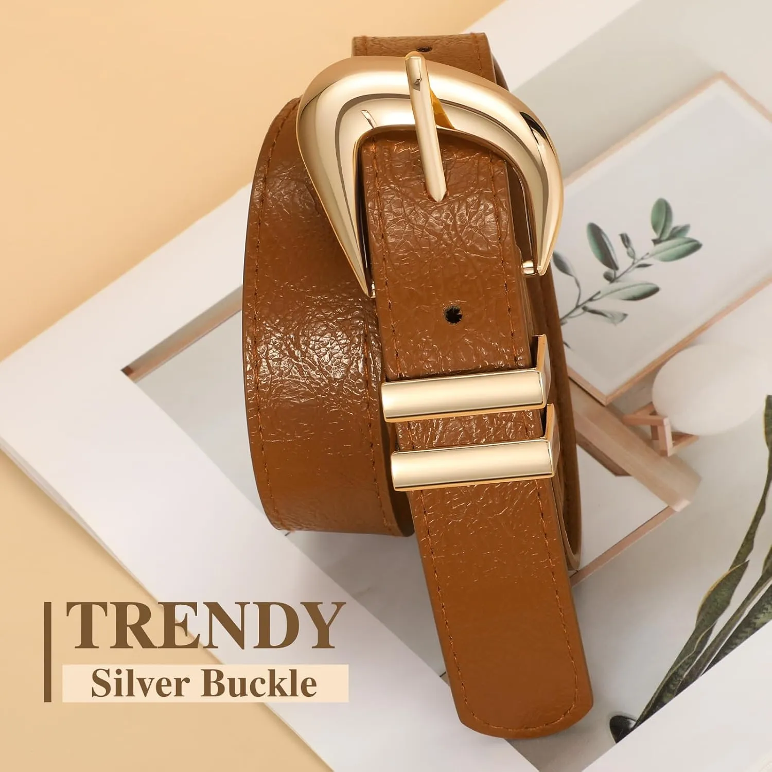 Leather Belt for Women Fashion Ladies Waist Belt with Silver Buckle for Jeans Pants Dress